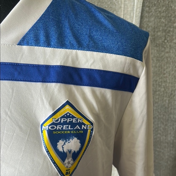 Adidas White and Blue Soccer Jersey V-Neck Performance - Picture 2 of 6
